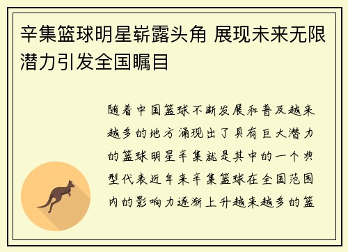 辛集篮球明星崭露头角 展现未来无限潜力引发全国瞩目